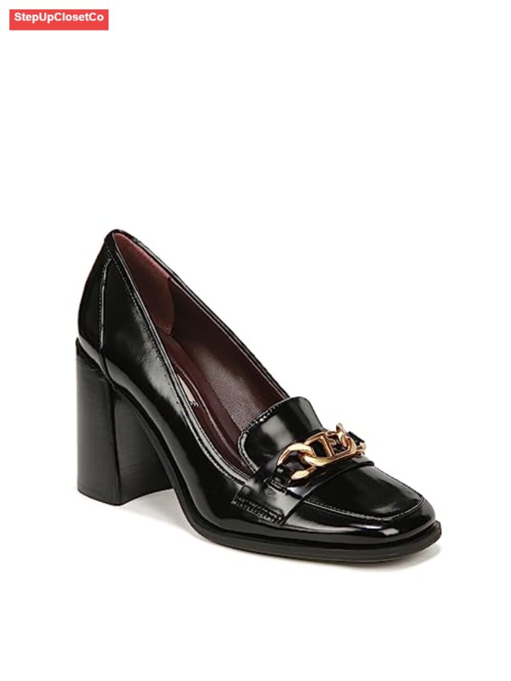 Synthetic Leather Chunky Heel Chainlink Loafer Pumps